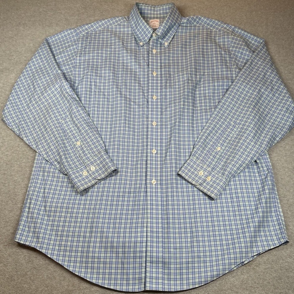 Brooks Brothers 346 Button Down Shirt Mens L Non Iron‎ Green Blue Plaid Cotton